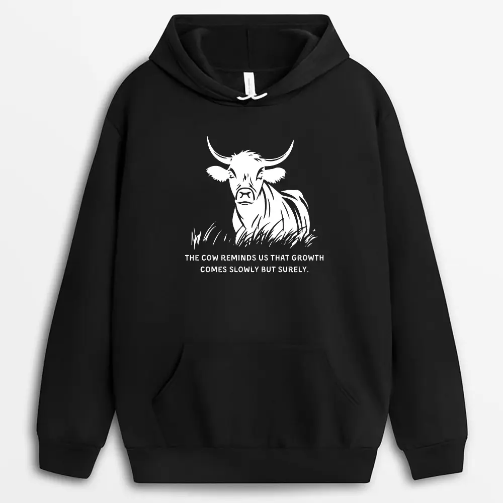 The Cow Reminds Us That Growth Comes Slowly But Surely Vincaxtee Hoodie - Black